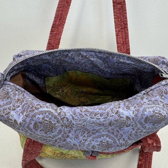 Handcrafted Multi-Color Quilted Fabric Tote Bag Zipper Closure Button Pockets - Picture 9 of 16